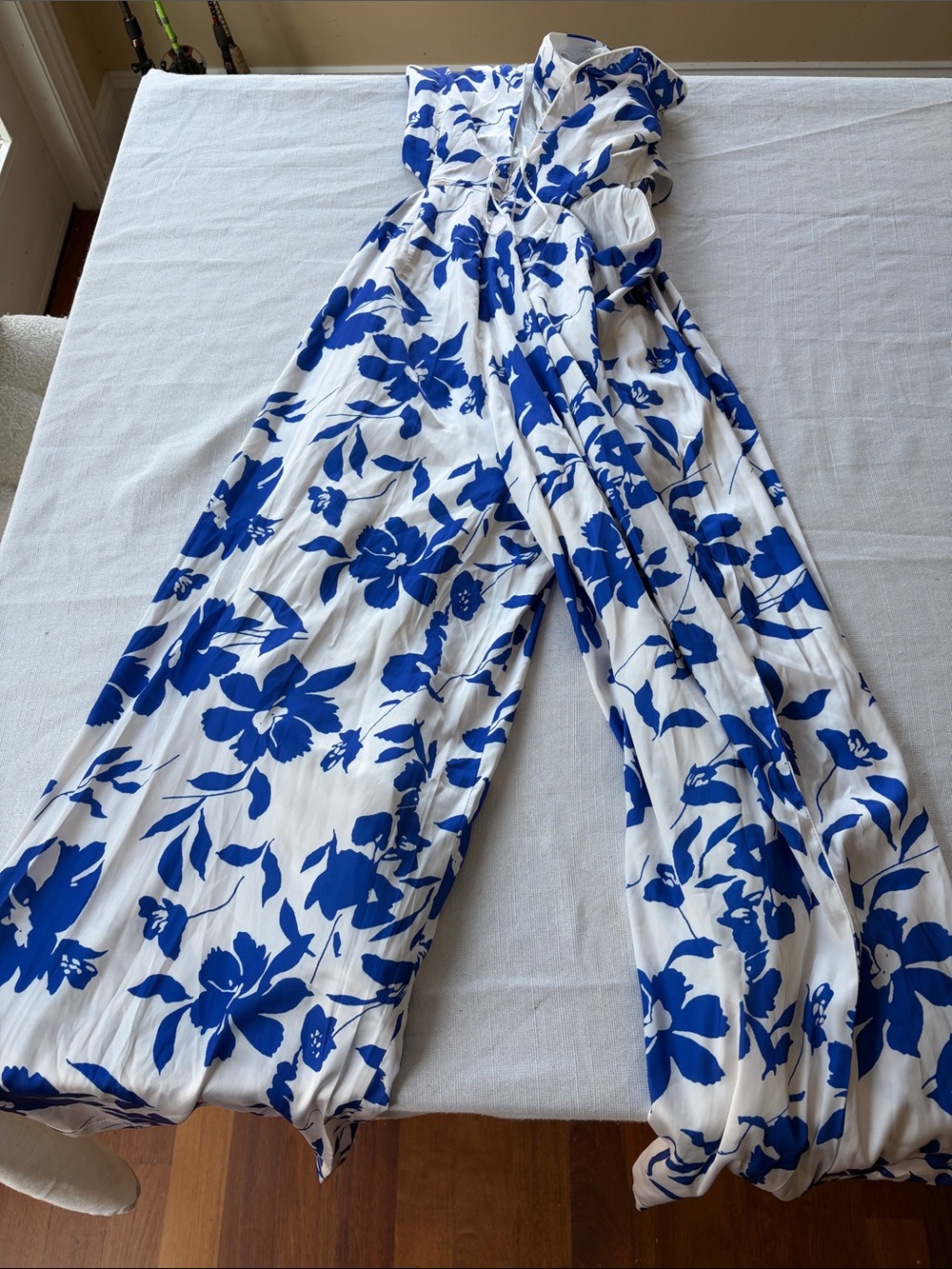 Petal & Pup White Jumpsuit with Royal Blue Floral Print